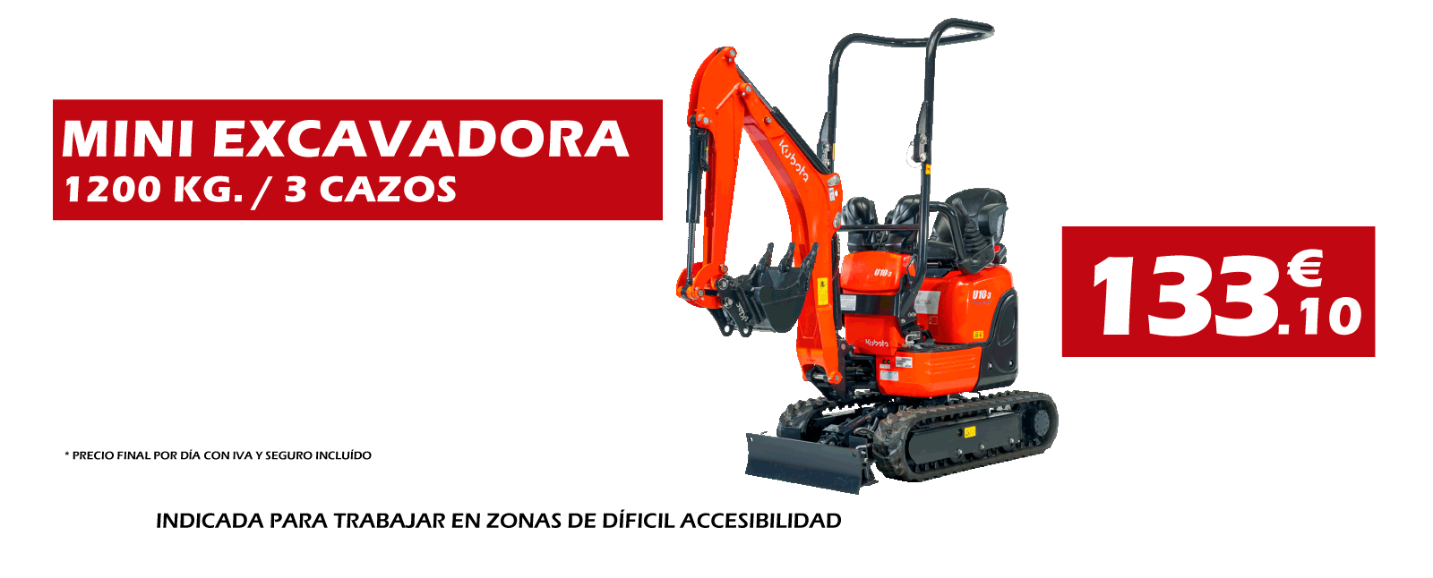 Alquiler Miniexcavadora 1200Kg con 3 cazos